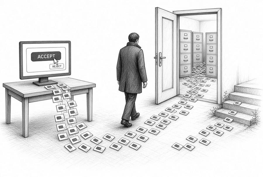 Pencil drawing: a man walks through a door while a trail of cookie crumbs leads from an Accept button on a computer screen.