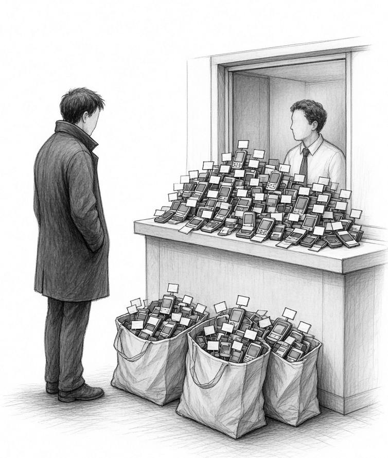 Pencil drawing: a man stands at a counter piled high with phones, bags of them at his feet.