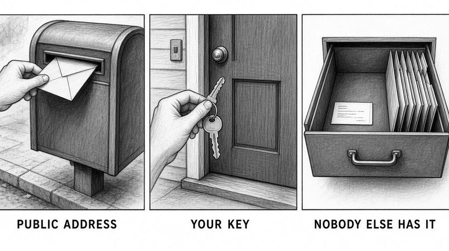 Pencil drawing in three panels: a letter going into a public mailbox, a key turning in a door, and a drawer only its owner opens.