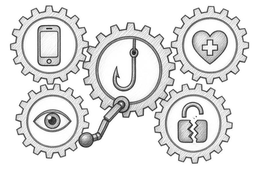 Pencil drawing: interlocking gears marked with a phone, a heart, an eye, a fish hook and a broken padlock.