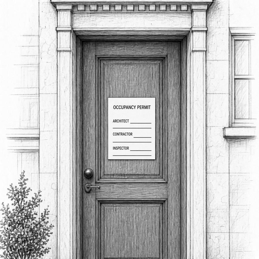 Pencil drawing: a front door with an occupancy permit posted on it, signed by an architect, contractor and inspector.