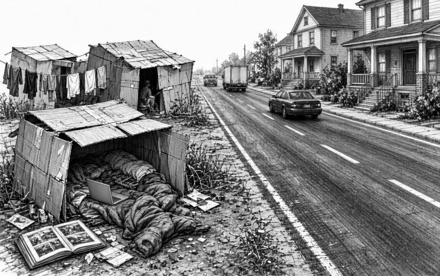 Pencil drawing: makeshift cardboard shelters on a highway shoulder, with proper houses further down the road.